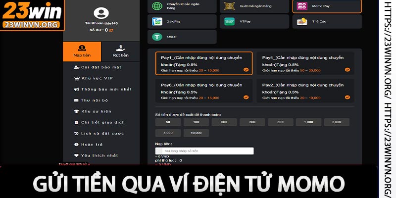 Nạp tiền 23win qua Momo 23win
