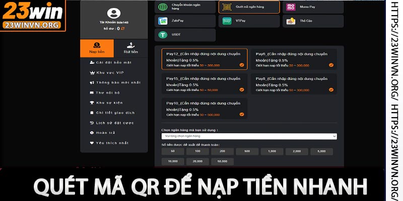 Nạp tiền 23win qua quét mã QR